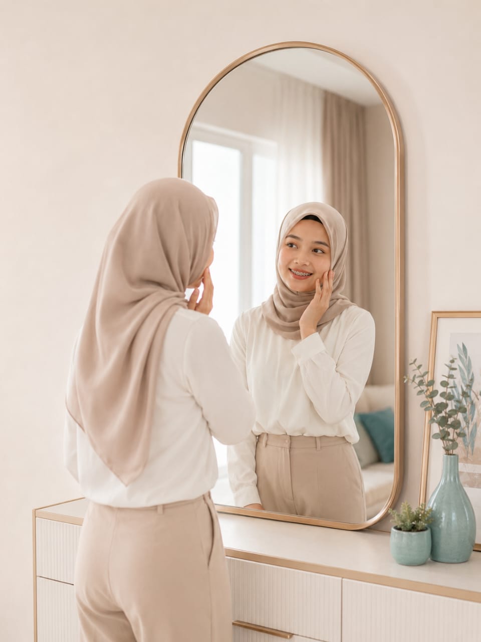 Patient smiling at her reflection after braces treatment